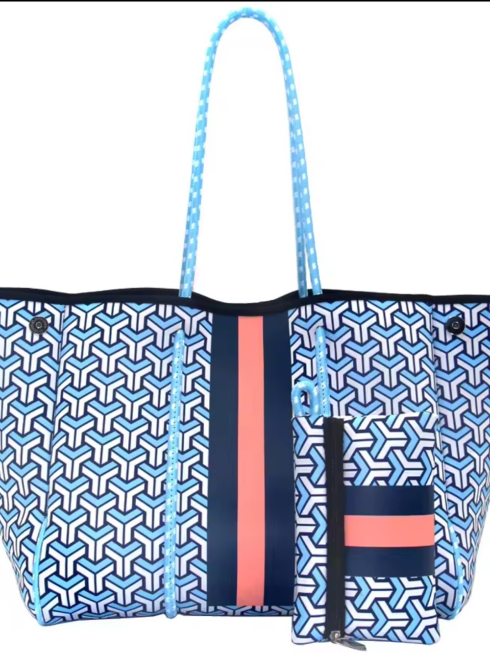 Blue Geometric Pattern Neoprene Tote Bag with Blue & Red Stripe & Matching Pouch